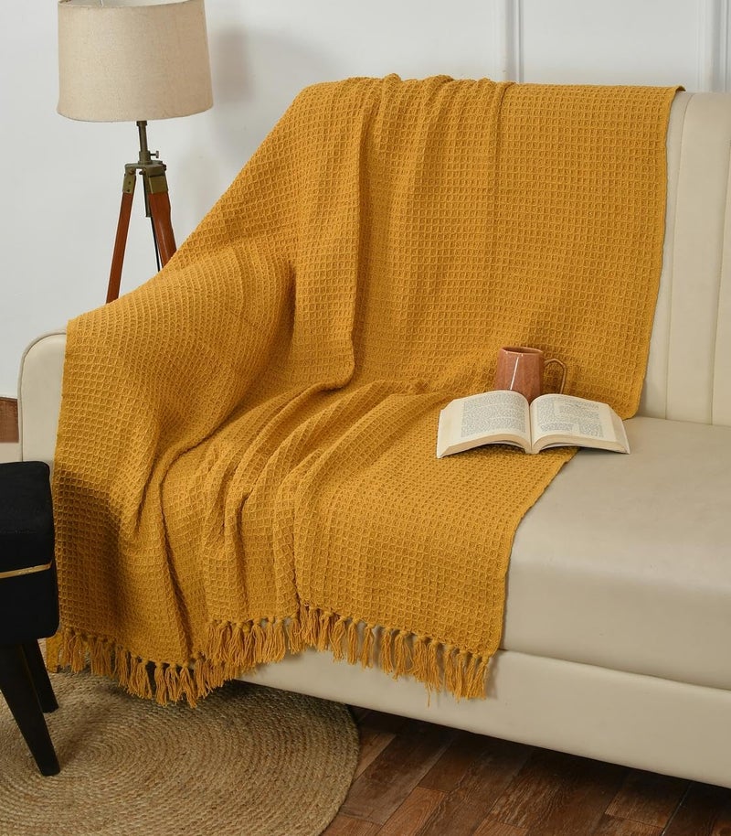 TIB Cotton Throw Blanket,125x150 cm, Throws for Sofa and Couch 3 Seater 120 TC with Fringes, (Mustard)| TC - 120 - Image 1