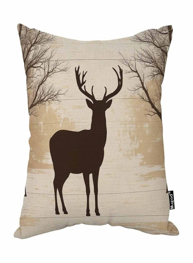 Mugod Deer Decorative Throw Pillow Cover Case Vintage Animal Moose Elk Antler Horn Tree Nature Wildlife Brown Cotton Linen Pillow Cases Square Standard Cushion Covers for Couch Sofa Bed 18x18 Inch - Image 1