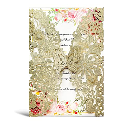 Hosmsua 5.12 x 7.3'' 50PCS Champagne Laser Cut Flora Wedding Invitation Cards with Butterfly and Envelopes for Quinceañera Bridal Shower Wedding Invite (Champagne Glitter) light gold - Image 1