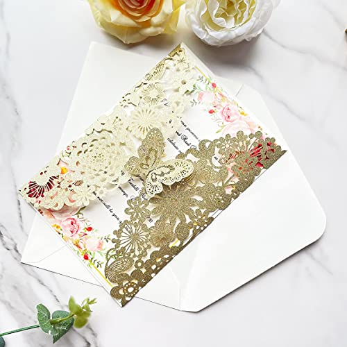 Hosmsua 5.12 x 7.3'' 50PCS Champagne Laser Cut Flora Wedding Invitation Cards with Butterfly and Envelopes for Quinceañera Bridal Shower Wedding Invite (Champagne Glitter) light gold - Image 4