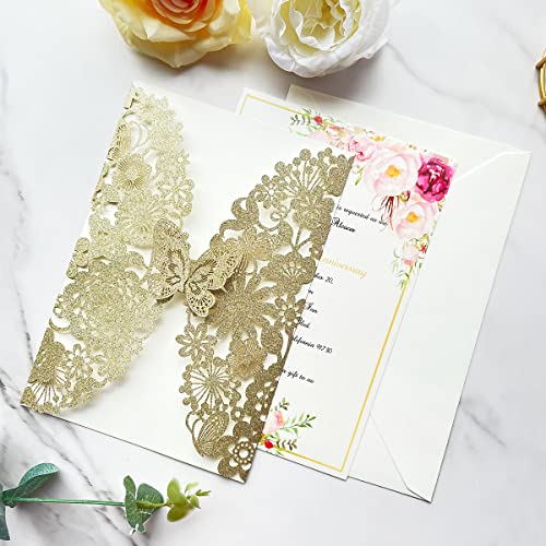 Hosmsua 5.12 x 7.3'' 50PCS Champagne Laser Cut Flora Wedding Invitation Cards with Butterfly and Envelopes for Quinceañera Bridal Shower Wedding Invite (Champagne Glitter) light gold - Image 5