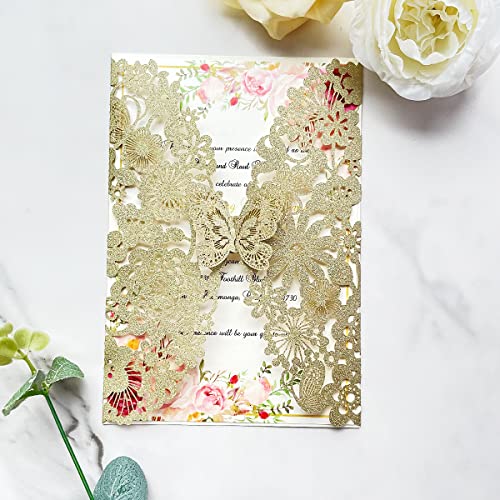 Hosmsua 5.12 x 7.3'' 50PCS Champagne Laser Cut Flora Wedding Invitation Cards with Butterfly and Envelopes for Quinceañera Bridal Shower Wedding Invite (Champagne Glitter) light gold - Image 3