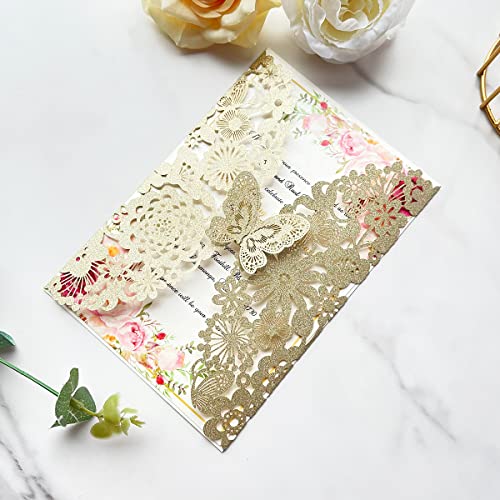 Hosmsua 5.12 x 7.3'' 50PCS Champagne Laser Cut Flora Wedding Invitation Cards with Butterfly and Envelopes for Quinceañera Bridal Shower Wedding Invite (Champagne Glitter) light gold - Image 2