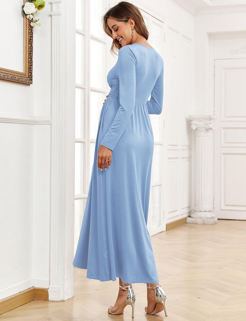 AISWI 2025 Women's Maternity Maxi Dress Long Sleeve Wrap V Neck Pregnancy Dresses with Pockets Baby Shower Photoshoot Formal Cocktail, Light Blue, Medium - Image 2