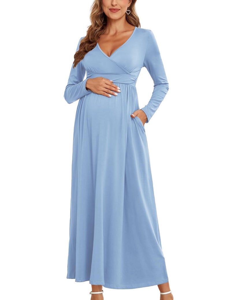 AISWI 2025 Women's Maternity Maxi Dress Long Sleeve Wrap V Neck Pregnancy Dresses with Pockets Baby Shower Photoshoot Formal Cocktail, Light Blue, Medium - Image 1