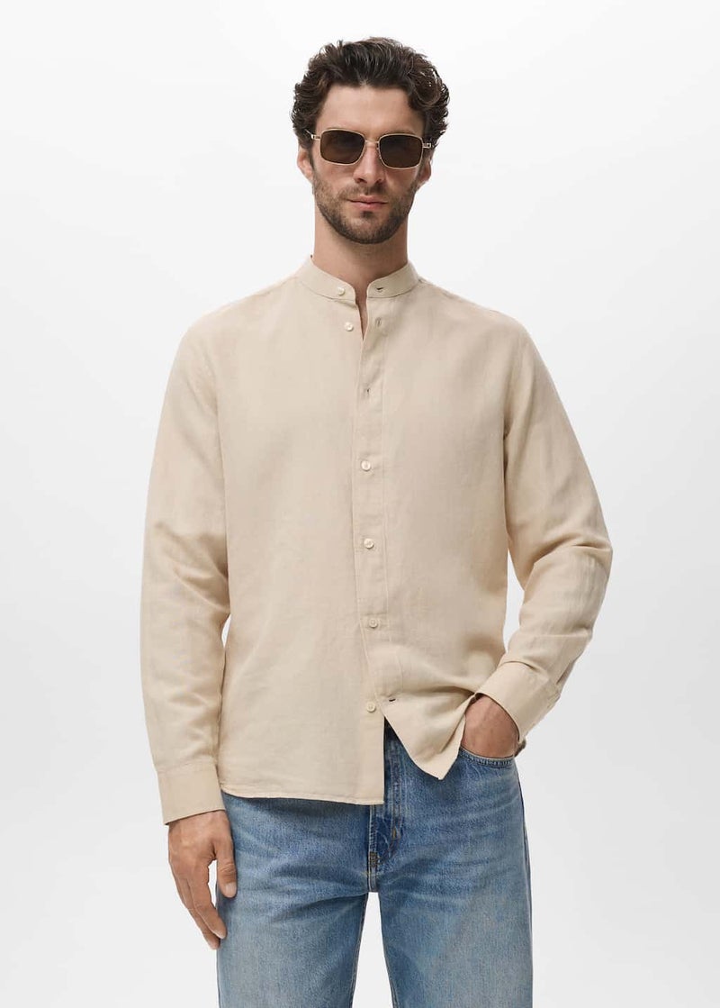 Mango Man Mao Collar Linen Shirt  - Image 1
