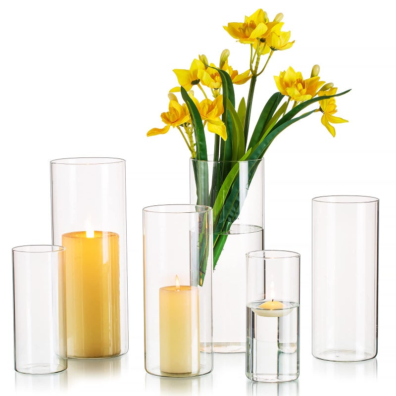 Hewory Glass Vase for Flowers 6Pcs Clear Cylinder Flower Vases for Living Room Glass Flower Vase for Table Centrepiece for Dining Room Home Decor Hurricane Candle Holders for Wedding 152025 cm
