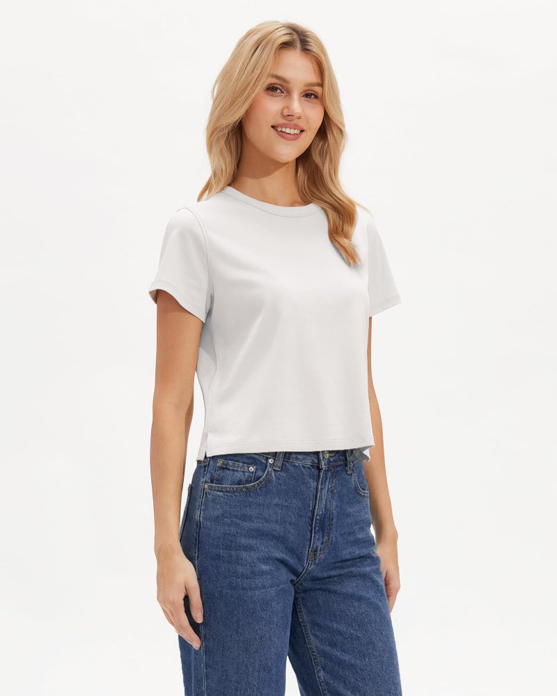 Stelle Women's Cotton T-Shirts Crewneck Short Sleeve Basic Tees Summer Casual Solid Crop Tops White Small - Image 2