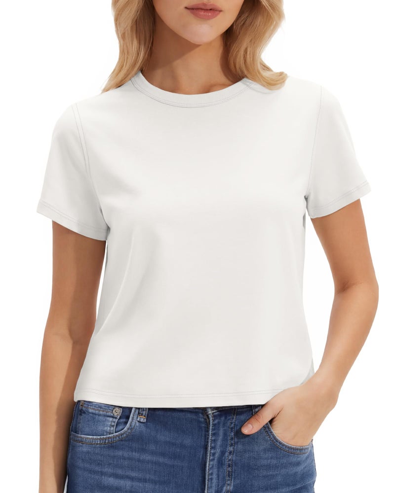 Stelle Women's Cotton T-Shirts Crewneck Short Sleeve Basic Tees Summer Casual Solid Crop Tops White Small - Image 1