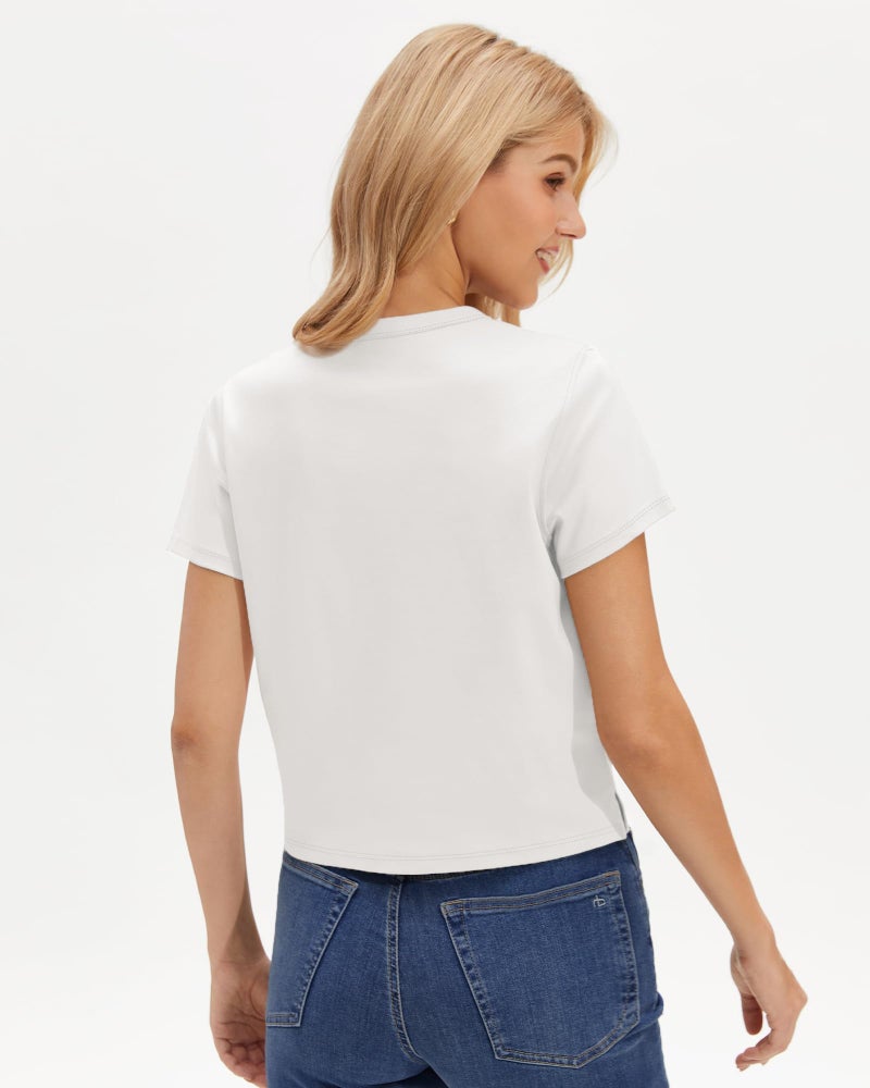 Stelle Women's Cotton T-Shirts Crewneck Short Sleeve Basic Tees Summer Casual Solid Crop Tops White Small - Image 4