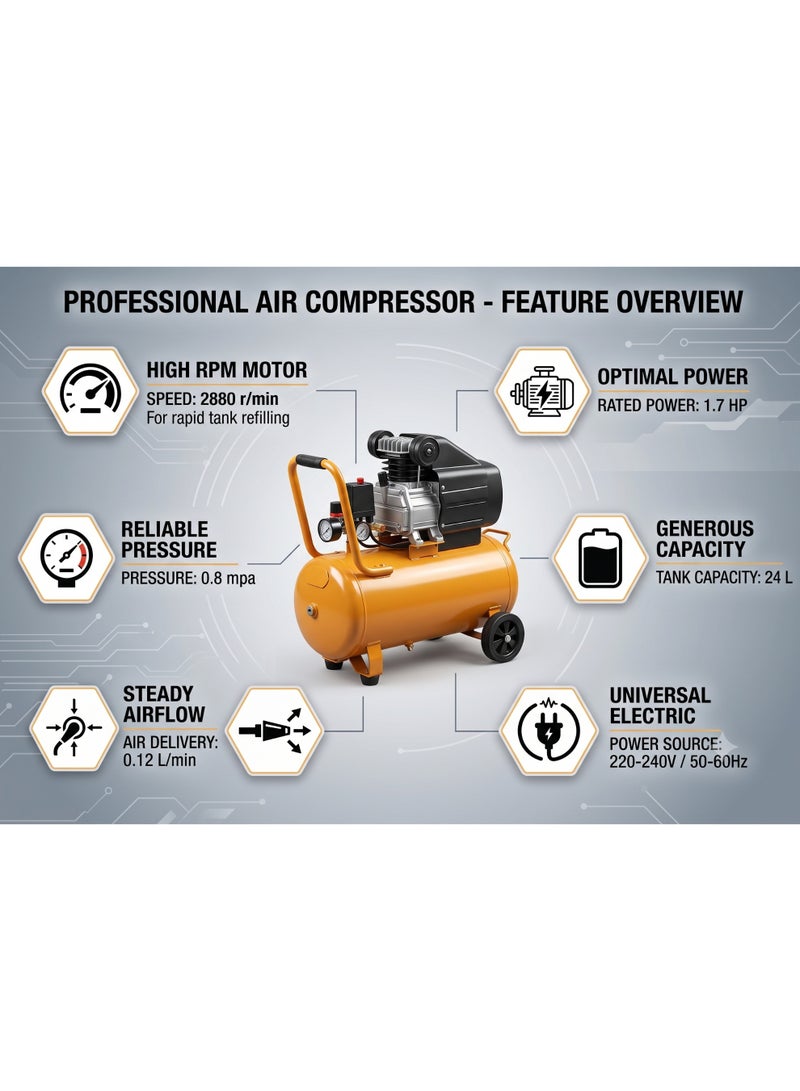 WEHAND 24L Electric Air Compressor – 1.7 HP Heavy Duty Portable Air Pump, 0.8 MPa (8 Bar) High Pressure 2880 RPM Power Tool for Pneumatic Spray Painting, Tyre Inflation, and Workshop Air Tools - Image 2