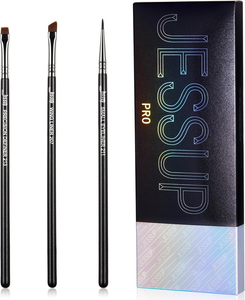 Jessup Eyeliner Brush Set 3pcs Pro Precision Eyeliner Brushes Fine Point Angled Thin Gel Liquid Flat Winged Eye Liner Brush Black T346