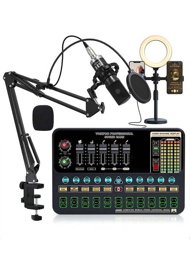 XiuWoo - Sound Card Microphone Podcast Package,Live Broadcast Equipment with Ring Light/Recording Studio for Live Streaming/Suitable for Podcasting/Live Broadcasting/Singing/PC/Mobile/TikTok/YouTube - Image 1