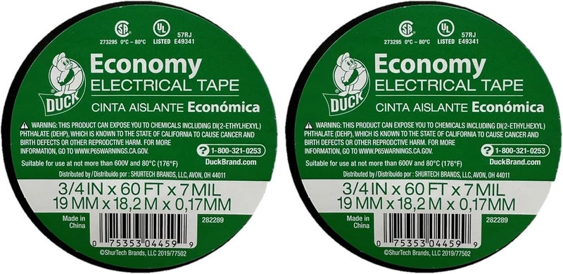 Duck Brand 282289 Economy Electrical Tape, 3/4-Inch by 60 Feet, Single Roll, Black (Pack of 2) - Image 1