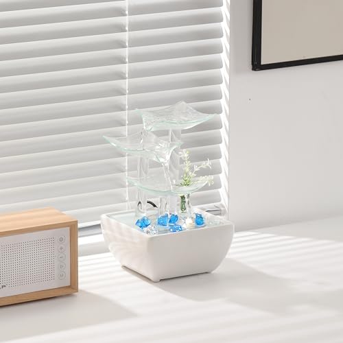 Andady Ceramic and Glass Tabletop Fountain for Indoor and Home Decoration Table Desk Office Patio White - Image 3