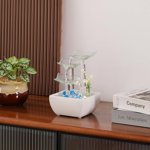 Andady Ceramic and Glass Tabletop Fountain for Indoor and Home Decoration Table Desk Office Patio White - Image 4
