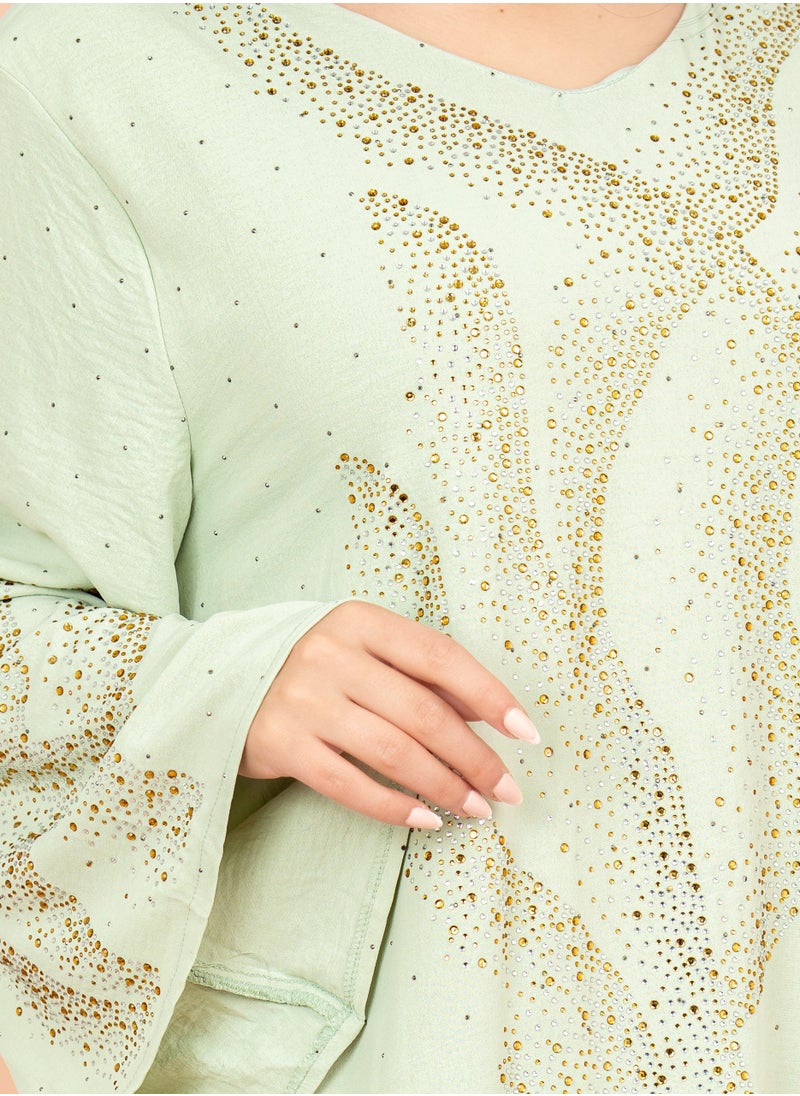 IKKXA Shimmering Crystal Jalabiya with Patterned Crystal Detailing IK6007 Green  - Image 2