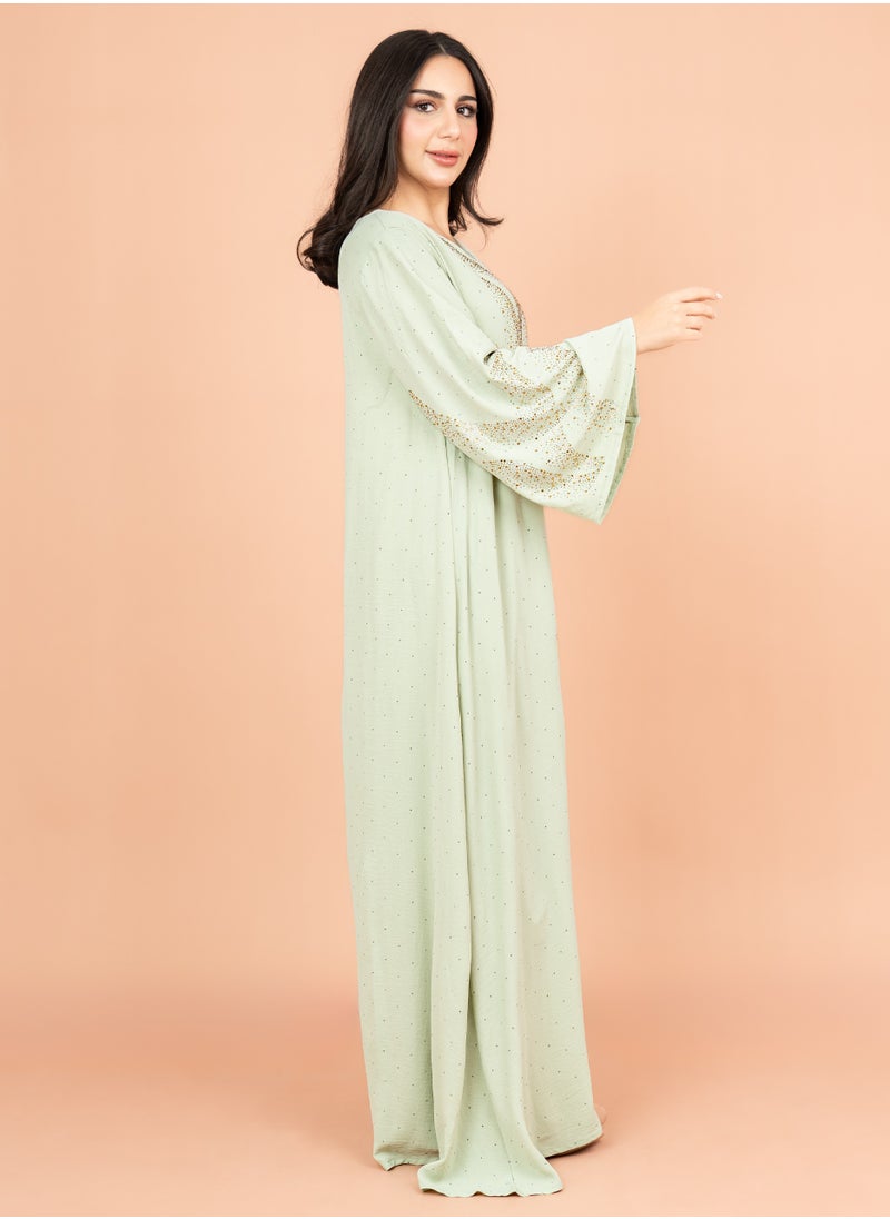 IKKXA Shimmering Crystal Jalabiya with Patterned Crystal Detailing IK6007 Green  - Image 3