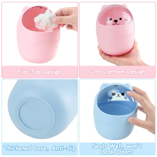 IBEQUEM Mini Trash Can, Cute Small Trash Can with Lid, Desktop Paper Bin with 5 Rolls of Bin Liners, Portable Tabletop Dustbin, Cartoon Animal Rubbish Storage for Office Bedroom Desk Car Kitchen(Pink) - Image 3
