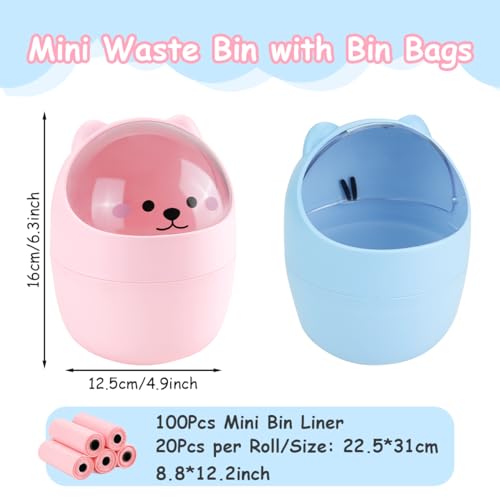 IBEQUEM Mini Trash Can, Cute Small Trash Can with Lid, Desktop Paper Bin with 5 Rolls of Bin Liners, Portable Tabletop Dustbin, Cartoon Animal Rubbish Storage for Office Bedroom Desk Car Kitchen(Pink) - Image 2