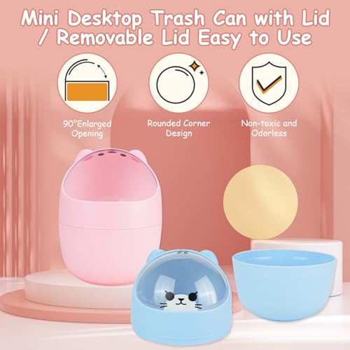 IBEQUEM Mini Trash Can, Cute Small Trash Can with Lid, Desktop Paper Bin with 5 Rolls of Bin Liners, Portable Tabletop Dustbin, Cartoon Animal Rubbish Storage for Office Bedroom Desk Car Kitchen(Pink) - Image 4
