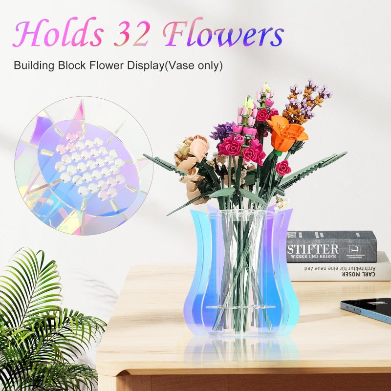 JAYOBGO Acrylic Vase for Lego Flowers - Sturdy Display Stand & Holder for Lego Flower Bouquet Building Set, Botanical Collection, Roses & Orchids | 32-Stem Arrangement Design (Rainbow) - Image 3