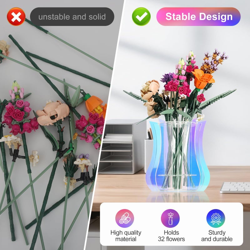 JAYOBGO Acrylic Vase for Lego Flowers - Sturdy Display Stand & Holder for Lego Flower Bouquet Building Set, Botanical Collection, Roses & Orchids | 32-Stem Arrangement Design (Rainbow) - Image 4