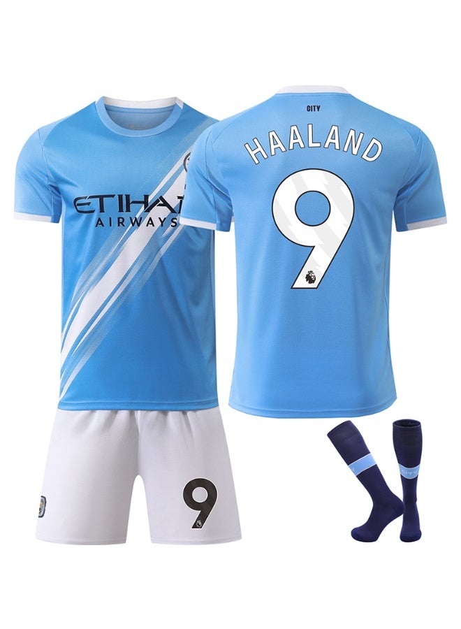 مانشستر سيتي 2025-2026 زي كرة القدم #9 هالان لكرة القدم جيرسي السراويل الجوارب دعوى حجم الأطفال وحجم الكبار ، هدية للجماهير والأصدقاء - Image 1