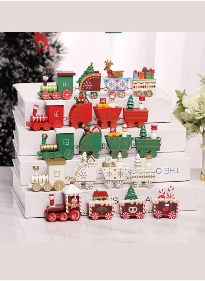Wooden Train Tree Ornament Colorful Décor with Snowflake, Snowman, Reindeer, Wooden houses, Kids Toy Gift Holiday Party Decorations Brown  - Image 5