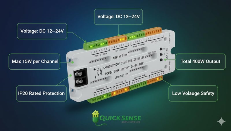 Quick Sense Staircase Sensor QS/SLS01/B | 12V DC PIR Motion Detection | Sequential LED Stair Lighting Controller | 16-Step Automation | Entry/Exit Sensor Module | Indoor Safety Lighting - Image 3