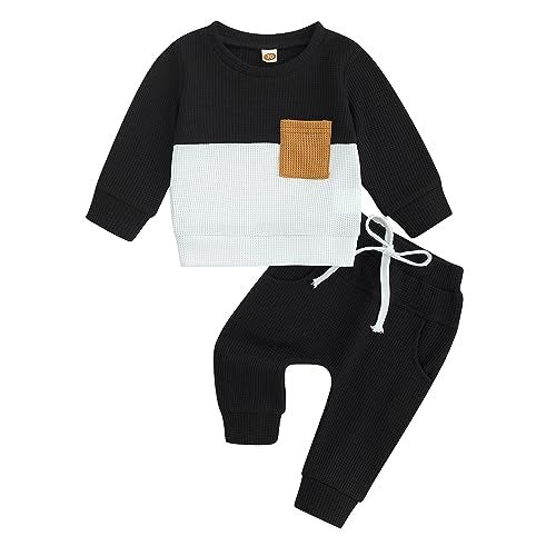 allshope Toddler Baby Boy Fall Outfit Long Sleeve Crew Neck Contrast Color Sweatshirt Top Pant Cute Newborn Infant Waffle Clothes (Black, 18-24 Months) - Image 1