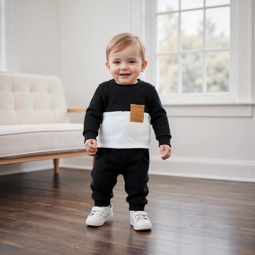 allshope Toddler Baby Boy Fall Outfit Long Sleeve Crew Neck Contrast Color Sweatshirt Top Pant Cute Newborn Infant Waffle Clothes (Black, 18-24 Months) - Image 2