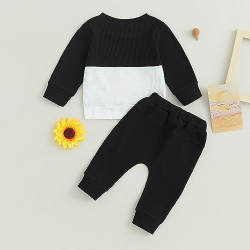 allshope Toddler Baby Boy Fall Outfit Long Sleeve Crew Neck Contrast Color Sweatshirt Top Pant Cute Newborn Infant Waffle Clothes (Black, 18-24 Months) - Image 3