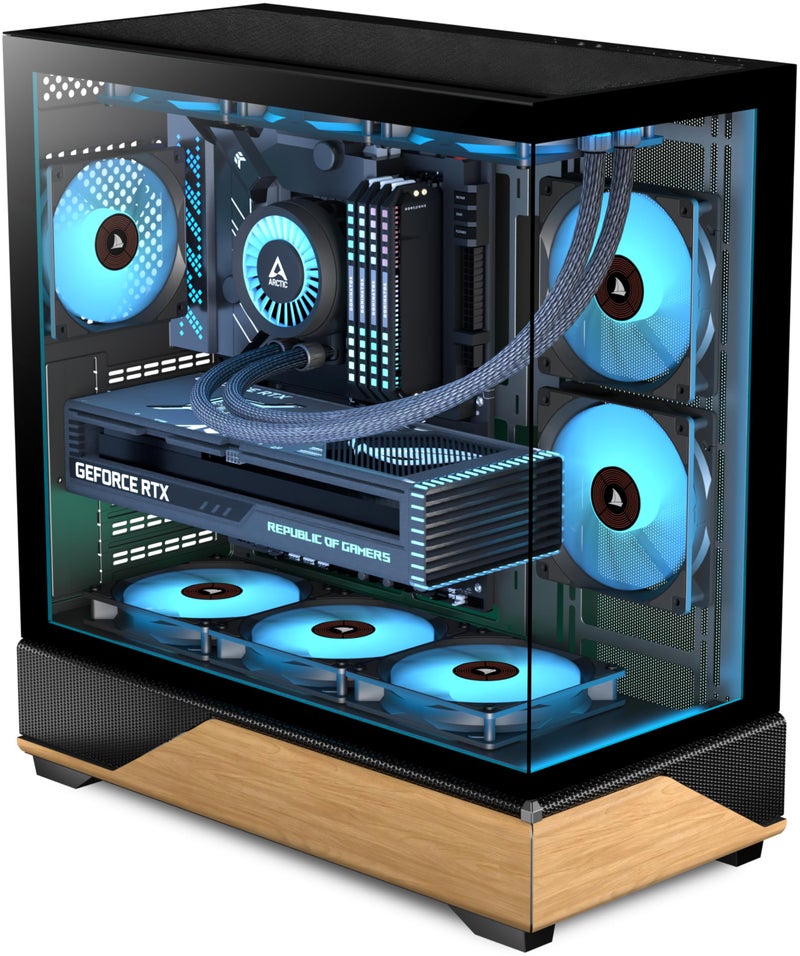 KEDIERS PC CASE ATX 5 PWM ARGB Fans Pre-Installed, Type-C Mid Tower Computer Case with Full-View Dual Tempered Glass, Printed Walnut Wood Panels,Support 360mm Radiator,Gaming PC Case,Black,new P6 - Image 1