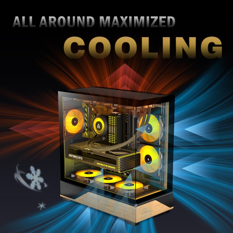 KEDIERS PC CASE ATX 5 PWM ARGB Fans Pre-Installed, Type-C Mid Tower Computer Case with Full-View Dual Tempered Glass, Printed Walnut Wood Panels,Support 360mm Radiator,Gaming PC Case,Black,new P6 - Image 3