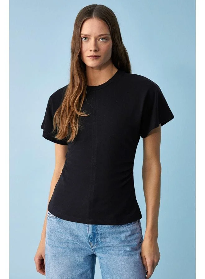 Ethiquet NEXUS Women's Regular Bike Neck Ribbed Black T-Shirt.