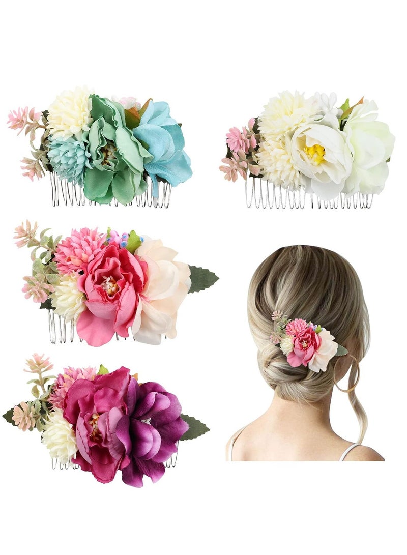 Bluejw Flower Metal Hair Side Combs Slide Clips With Teeth Floral Bows Hairpins Grips Barrettes Clamps Headpieces for Women Wedding Decorative Holiday Party Bun Chignon Twist Accessories 4 Pack - Image 1