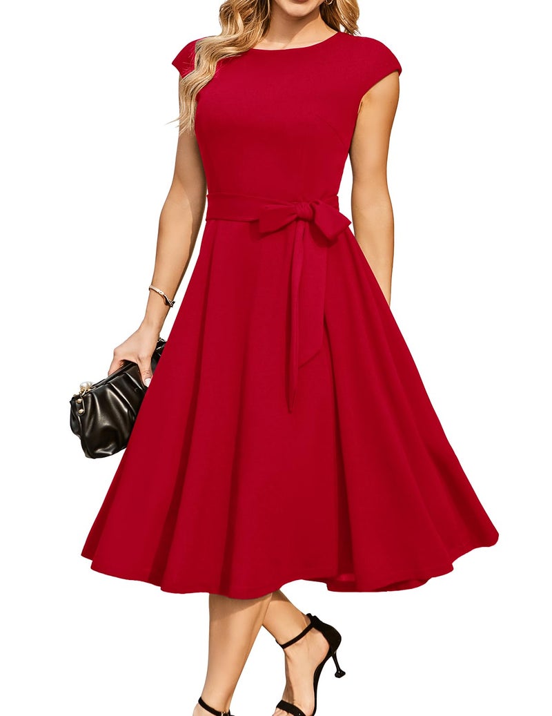 DRESSTELLS Cocktail Dress for Women 2025, Semi Formal Wedding Guest Church Ladies Aline Mother Bride Fit and Flare Evening Dresses Red 2XL - Image 1