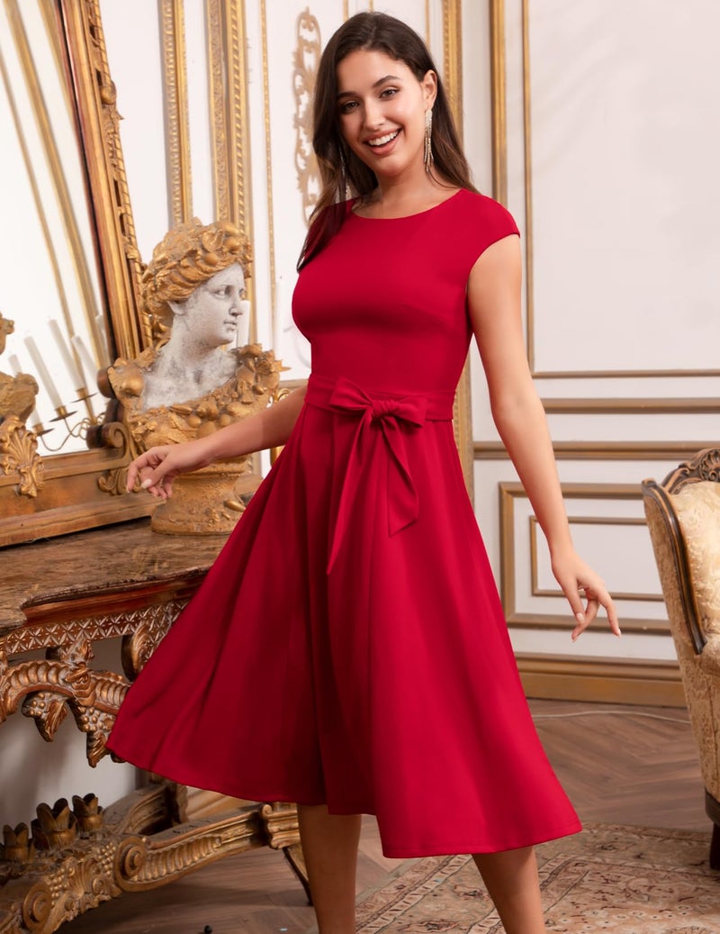 DRESSTELLS Cocktail Dress for Women 2025, Semi Formal Wedding Guest Church Ladies Aline Mother Bride Fit and Flare Evening Dresses Red 2XL - Image 2