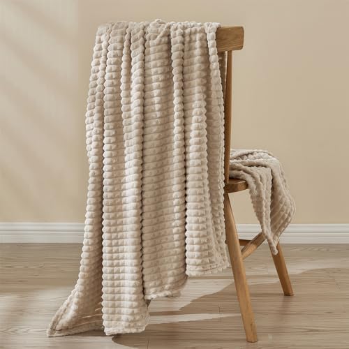 EMME Fleece Blanket, 3D Jacquard Throw Blanket for Couch and Bed, Soft Cozy and Fluffy Blankets Lightweight Luxury Flannel with Geometric Grid Design (Beige, 50'' x 60'') - Image 3