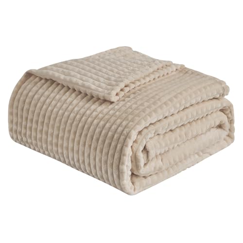 EMME Fleece Blanket, 3D Jacquard Throw Blanket for Couch and Bed, Soft Cozy and Fluffy Blankets Lightweight Luxury Flannel with Geometric Grid Design (Beige, 50'' x 60'') - Image 1