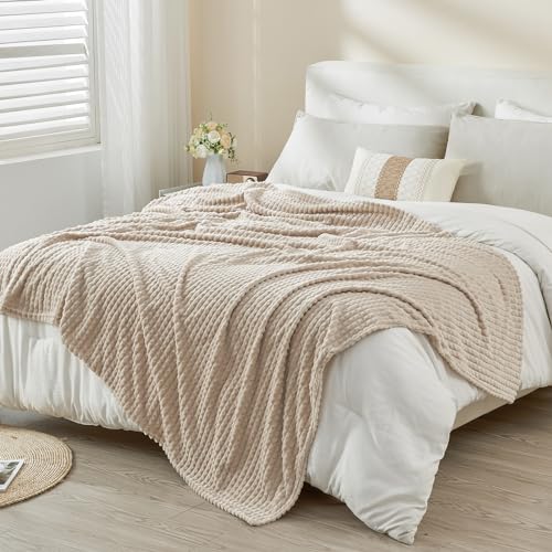 EMME Fleece Blanket, 3D Jacquard Throw Blanket for Couch and Bed, Soft Cozy and Fluffy Blankets Lightweight Luxury Flannel with Geometric Grid Design (Beige, 50'' x 60'') - Image 4