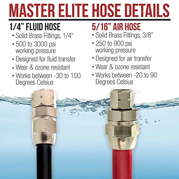 Master Airbrush Master Elite Series 50 Foot Air and Fluid Hose Assembly Set with Fittings for Spray Guns, Paint Pressure Pot Tanks, Professional Heavy Duty Air Hose 3/8" NPS, 5/16" ID Fluid Hose 1/4" NPS, 1/4" ID - Image 3