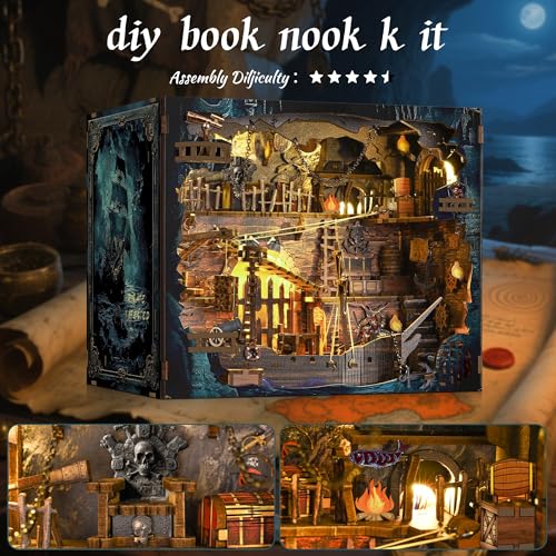 VORATHIS Book Nook Kit DIY 3D Wooden Puzzle Miniature House with LED Lights Creative Crafts for Adults Bookshelf Insert Decor Educational Gift for Family FriendsPirate Bay - Image 5