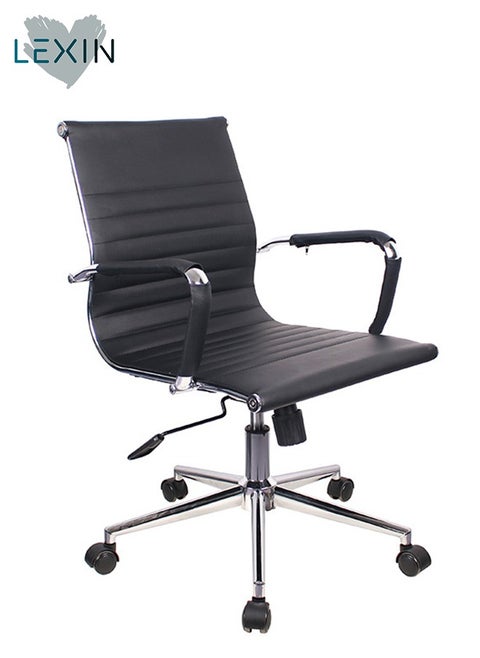 Ergonomic Design, Made of Faux Leather, with Chrome Base and Fixed Steel Armrests, Height Adjustable, Low Back, Black
