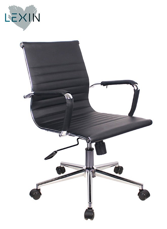LEXIN - Ergonomic Design, Made of Faux Leather, with Chrome Base and Fixed Steel Armrests, Height Adjustable, Low Back, Black - Image 1