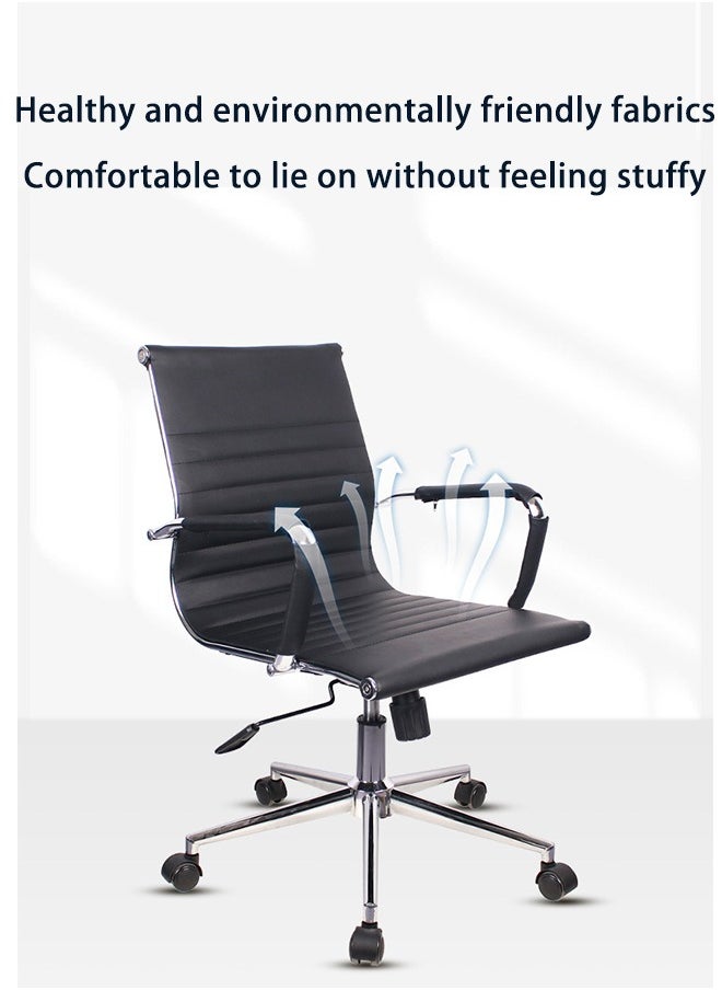 LEXIN - Ergonomic Design, Made of Faux Leather, with Chrome Base and Fixed Steel Armrests, Height Adjustable, Low Back, Black - Image 1