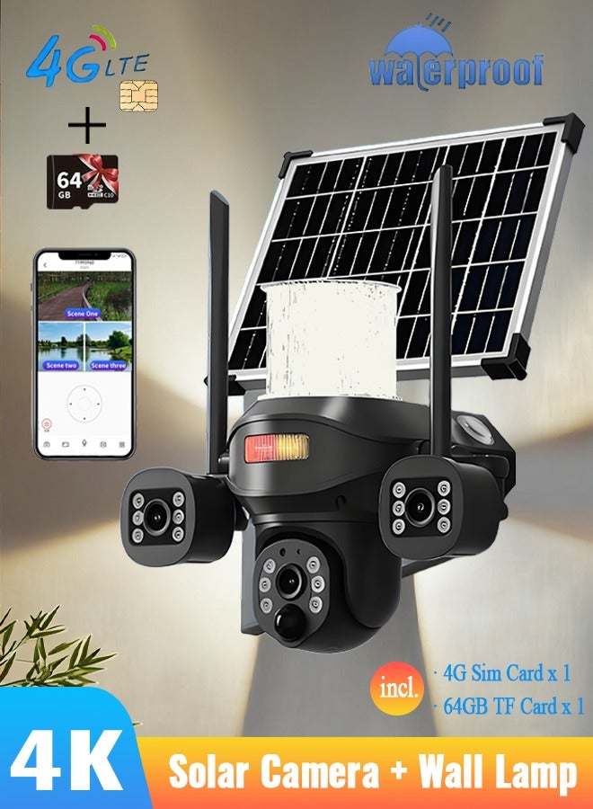 نار كاميرا مراقبة خارجية تعمل بالطاقة الشمسية مع شريحة 4G ومصباح حائط: كاميرا مراقبة ثلاثية العدسات بدقة 4K HD، مقاومة للماء بمعيار IP65، دوران 360 درجة، كاميرا مراقبة عالية الدقة مزودة بمستشعر حركة بالأشعة تحت الحمراء، بطارية مدمجة، مراقبة خارجية بدون كهرباء أو إنترنت - أسود، شريحة 4G (مع شريحة 4G وبطاقة ذاكرة SD سعة 64 جيجابايت) - Image 1