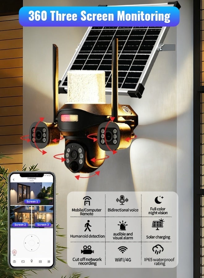 نار كاميرا مراقبة خارجية تعمل بالطاقة الشمسية مع شريحة 4G ومصباح حائط: كاميرا مراقبة ثلاثية العدسات بدقة 4K HD، مقاومة للماء بمعيار IP65، دوران 360 درجة، كاميرا مراقبة عالية الدقة مزودة بمستشعر حركة بالأشعة تحت الحمراء، بطارية مدمجة، مراقبة خارجية بدون كهرباء أو إنترنت - أسود، شريحة 4G (مع شريحة 4G وبطاقة ذاكرة SD سعة 64 جيجابايت) - Image 2