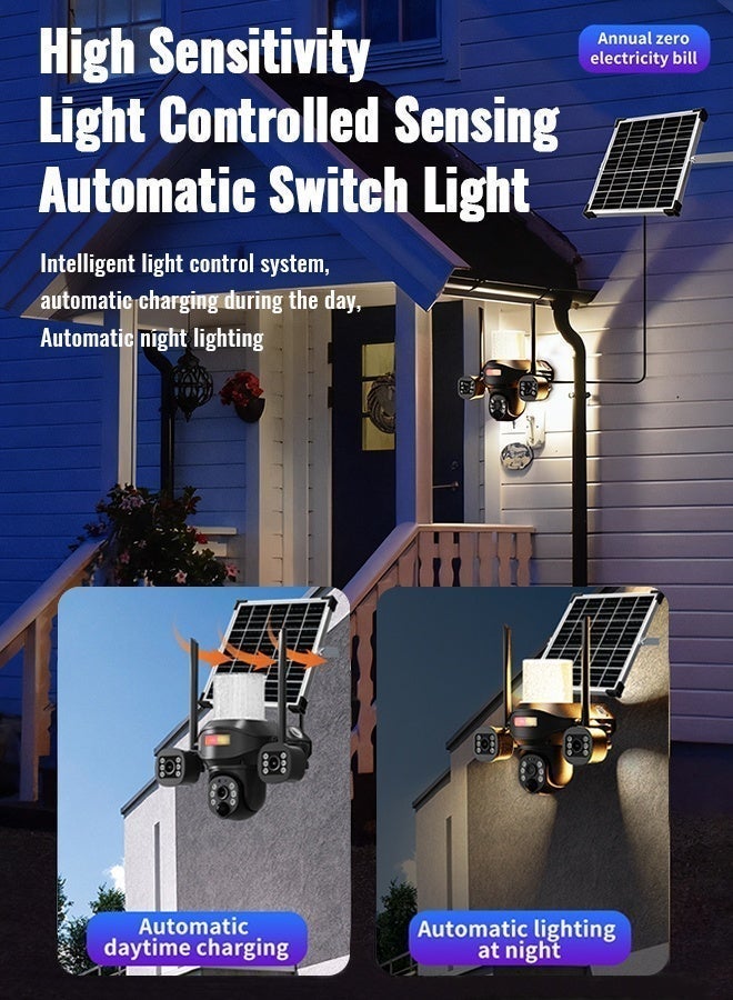 نار كاميرا مراقبة خارجية تعمل بالطاقة الشمسية مع شريحة 4G ومصباح حائط: كاميرا مراقبة ثلاثية العدسات بدقة 4K HD، مقاومة للماء بمعيار IP65، دوران 360 درجة، كاميرا مراقبة عالية الدقة مزودة بمستشعر حركة بالأشعة تحت الحمراء، بطارية مدمجة، مراقبة خارجية بدون كهرباء أو إنترنت - أسود، شريحة 4G (مع شريحة 4G وبطاقة ذاكرة SD سعة 64 جيجابايت) - Image 3